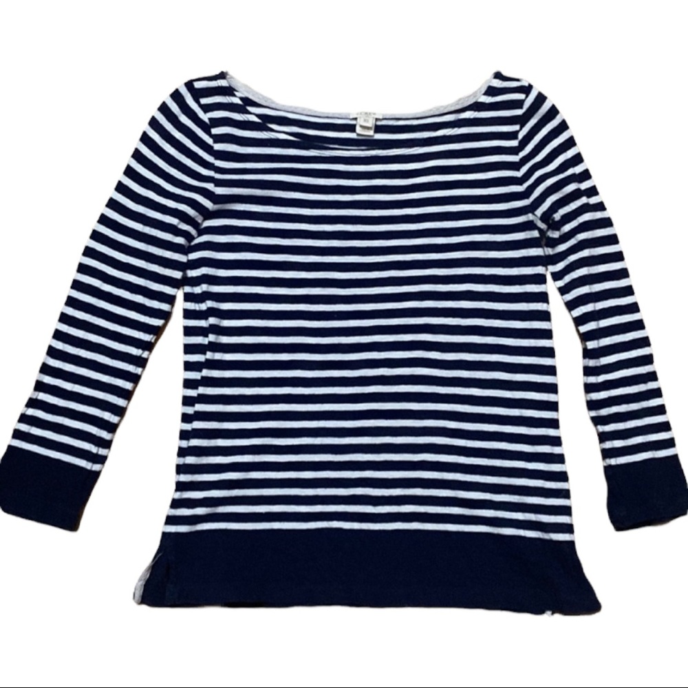 J. Crew Navy Blue + White Striped Knit 3/4 Lenght Sleeve Knit Top - Size XS